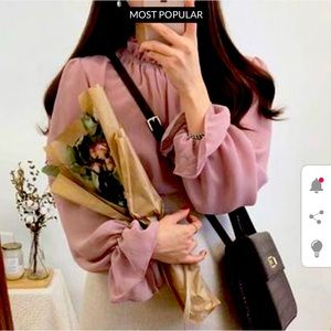 Dust pink Bell sleeve chiffon blouse sheer from Korea